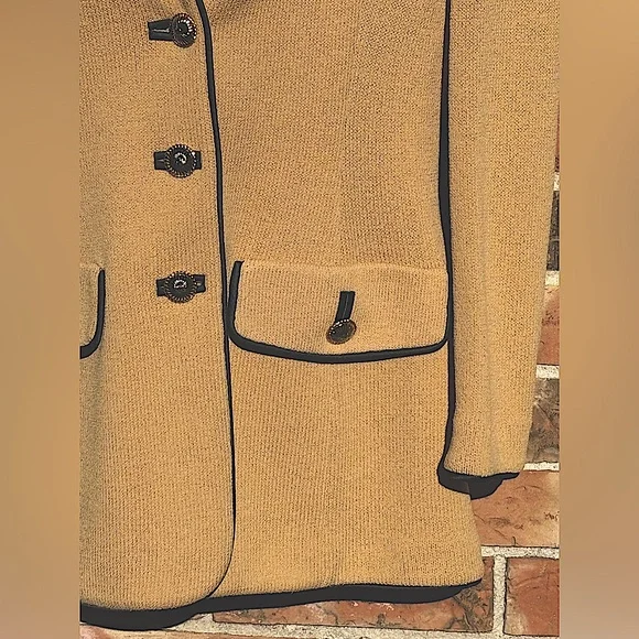 St.John Collection by Marie Gray,Tan Knit Jacket W/ Black Trim,Gold Buttons SZ 6 - Picture 5 of 12